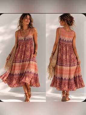 Blue Boheme Boho Coastal VTG Insp Coral & Mauve Sleeveless Tiered Midi Dress OS